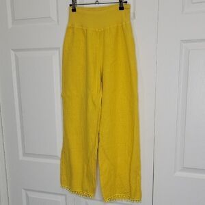 THREE DOTS Yellow Wide-Leg Pants with Pom-Pom Trim Size Small